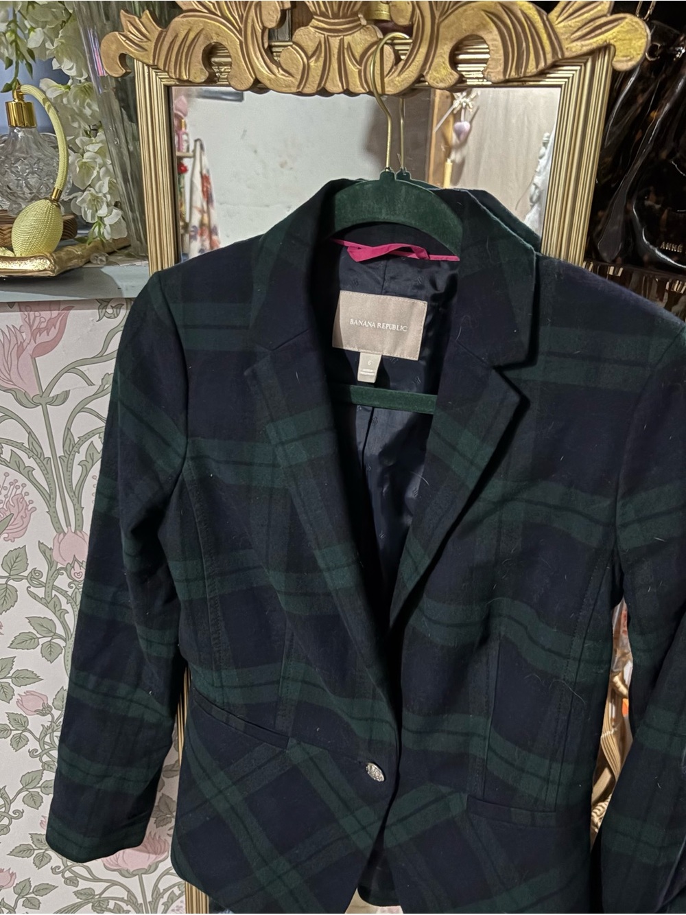 Banana Republic Green & Black Plaid Tailored Blazer